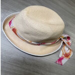 Coach Est 1941 Straw Fedora Hat Tan Pink Orange Floral Ribbon Scarf XS/S